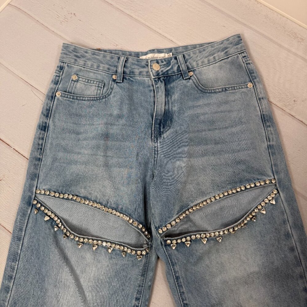 Torn By Ronny Kobo Mariah Jeans Rhinestone Cutout Straight Leg Denim 27/4 - Picture 2 of 8